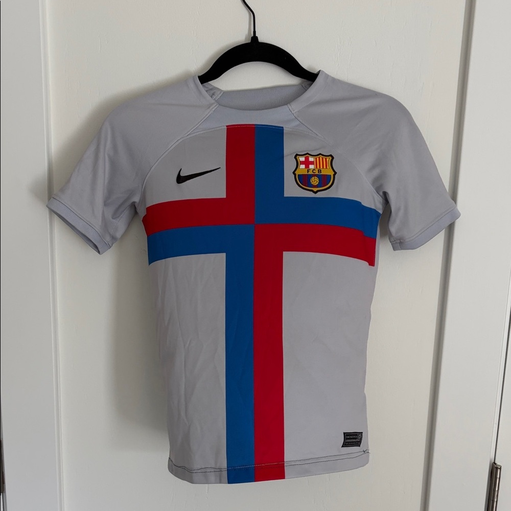 Nike Kids Light Gray Jersey with Red & Blue Cross